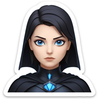 dark sci-fi villain female portrait, head and shoulders only, black armor, cape collar, intense eyes, sharp confident expression, subtle futuristic makeup, dramatic lighting, 3D cartoon, mobile game icon style, clean background, no text, no watermark
 sticker