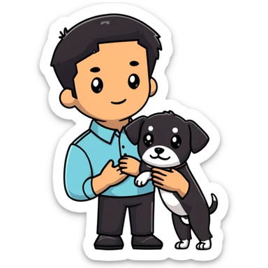 Mexican man with black hair and brown eyes wearing a shirt and black pants, holding a small white dog with one brown ear sticker