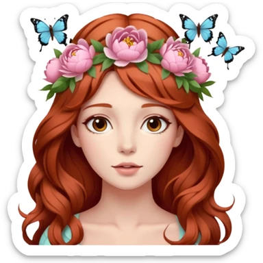 Woman with long flowing auburn hair wearing a pastel flower crown with big peonies and roses and butterflies in it sticker