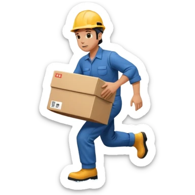 Animación educativa sobre un accidente laboral en un entorno industrial. Un trabajador de fábrica, con casco pero sin otros elementos de protección personal, resbala en un piso mojado y cae al suelo mientras transporta una caja. sticker