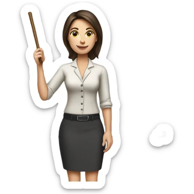 apple style emoji: brunette white woman as a teacher, with a stick in the hand and a whiteboard sticker