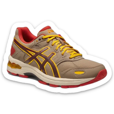 light brown asics gel nyc with small yellow and red accents sticker