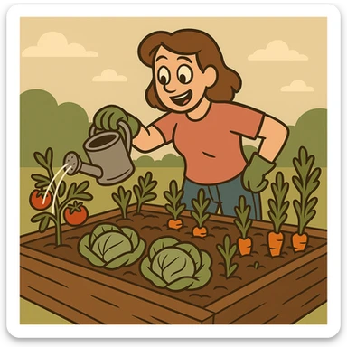 Change the woman's outfit to a t-shirt, jeans, and gardening gloves in a flat toon style. sticker