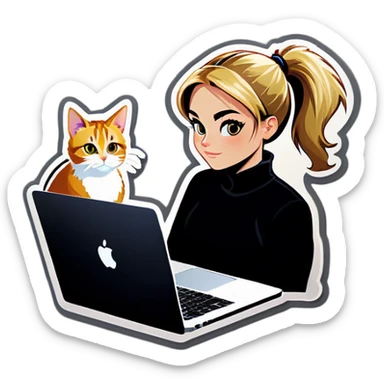 Blonde girl ponytail macBook and a cat sticker