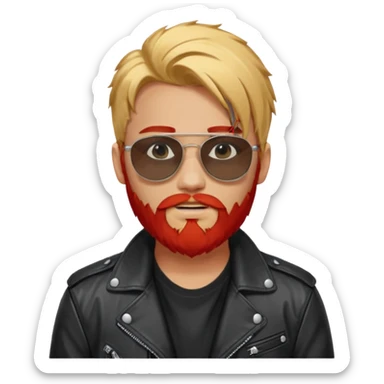 generate an ios genmoji of a 20 year old tan boy with black sunglasse Wearing a leather jacket. Has a dyed blonde beard and veryyyyy long red sticker
