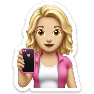 a white girl holding a pink cell phone sticker