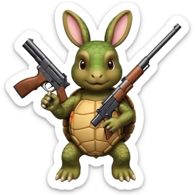 Turtle with a rabbit on its back that has a gun sticker