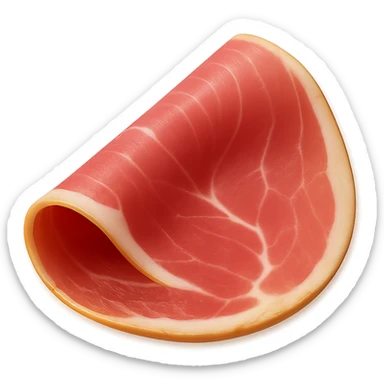 Show only one thin, delicately folded slice of dry-cured ham (jambon cru) with deep pink to reddish hue and visible streaks of white fat. Texture should be silky, slightly translucent, and marbled, with a natural fold or curl. Fat should look creamy and well integrated. Clean 3D style, soft lighting, transparent background, emoji scale. sticker