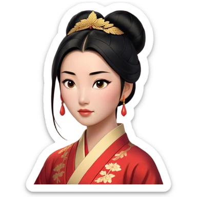 Cinematic Realistic Noble Mulan Portrait, depicted with lifelike, warm light-toned skin that reveals subtle texture and natural shadows. Her sleek black hair is intricately styled into a traditional bun with every strand rendered in exquisite detail, and her almond-shaped eyes, full of quiet resolve, are softly illuminated. She wears a meticulously detailed traditional robe with delicate red and gold accents, its rich fabric textures and gentle folds catching the light beautifully. The portrait radiates a natural, enchanting glow, capturing Mulan’s inner strength and timeless grace in a realistically painterly style. sticker