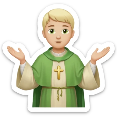 a priest, green eyes, blonde hair, light green chasuble. opening arms, gazing thoughtfully. Soft light, subtle fern. Waist-up, profile. sticker