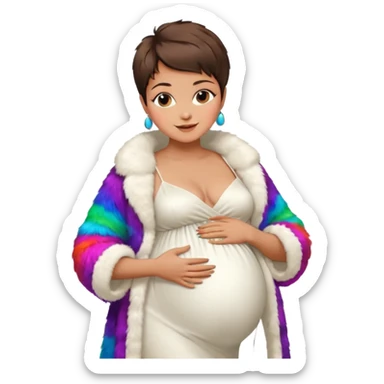 pregnant stylish woman with short pixie brunette hair happily touching her big belly while wearing white gown and fancy fur coat and colorful shades sticker