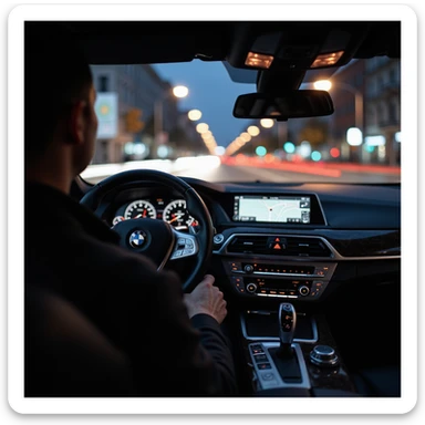 BMW Series 7 2024, night cockpit perspective, one hand on wheel, Bucharest cityscape with motion blur, photorealistic, highly realistic lighting sticker