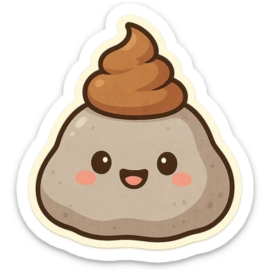 a smiling rock with a swirl of poop on its head, cute style sticker