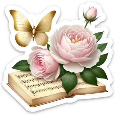 A charming antique music sheet, adorned with golden ink flourishes and pressed blush pink rose petals, resting beside a bouquet of fresh white peonies, while a pearl butterfly’s wings gently touch the delicate paper.
 sticker