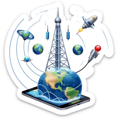 An icon featuring a communication tower with signal waves, satellites in orbit, and fiber optic cables. The design includes a smartphone and an earth with connection lines, symbolizing global communication networks. Transparent background  sticker