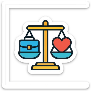 clean modern icon style of a scale balancing a briefcase and a heart symbolizing work-life balance sticker