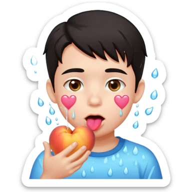 Cute boy, light pink eyes, grown out dark hair, eating a peach, pink hearts floating , water dripping from mouth sticker