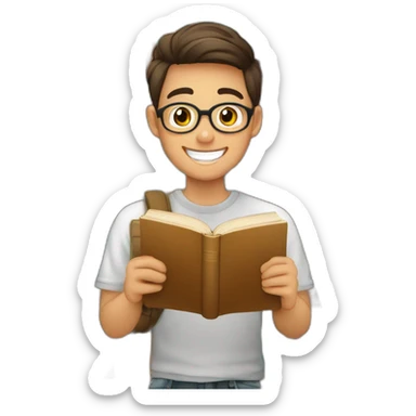 joven estudiante con todos sus libros que son muchos, de piel blanca muy feliz y sonriente con un libro en sus manos y sobre su cabeza sticker