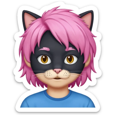 Black cat wearing a male pink hair wig, blue T-shirt sticker