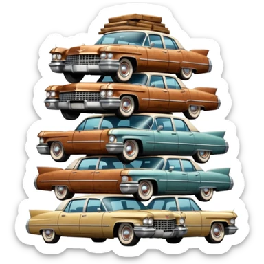 Cinematic realistic ultra HD - a pile of old vintage cadillac cars stacked in a pyramid sticker