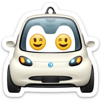 EV car with adorable round eyes, EV charger on the right, playful emoji look, emoji style sticker