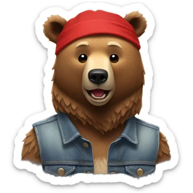 grizzly bear wearing sleeveless jean jacket and red headband with open mouth sticker
