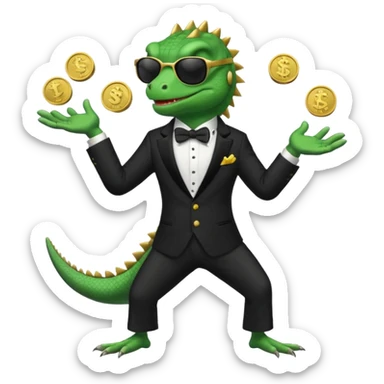 capitalist iguana banker in tuxedo and black sunglasses jongling with coins sticker