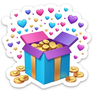 3D open gift box with Instagram logo, gold coins, hearts, stars, documents floating out, smiling human faces around, vibrant pink blue purple gradient, glossy modern style, premium marketing banner sticker