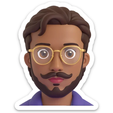 male face with medium-brown skin, short twisted hairstyle, trimmed beard and mustache, gold-rimmed glasses, neutral facial expression, distinctive features sticker