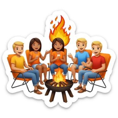 Born fire and people sitting beside born fire on chairs. Born fire is in the centre sticker