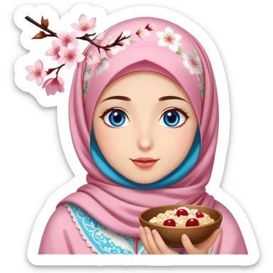 Turkish beautiful finish Konya girl blue eyes with cherry blossom floral hijab islamic dress and she’s savouring delicious food face sticker