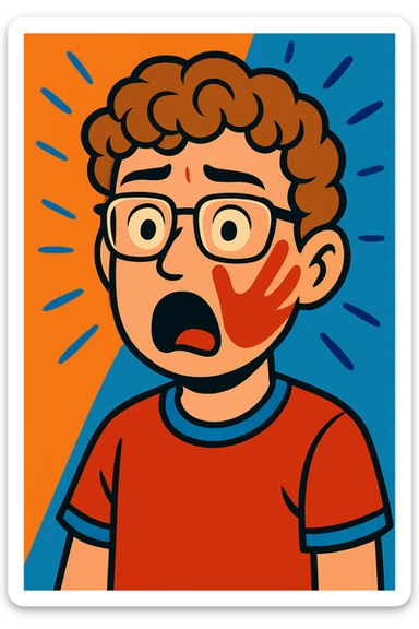 Make the boy look more like the reference photo with curly light brown hair, glasses, fair skin, and similar facial features in a vibrant toon style. Depict a shocked expression with a slap mark on his face. sticker