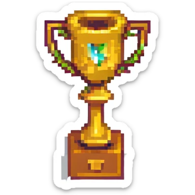 pixel art badge for winning first place with a gold trophy, pixelated style sticker