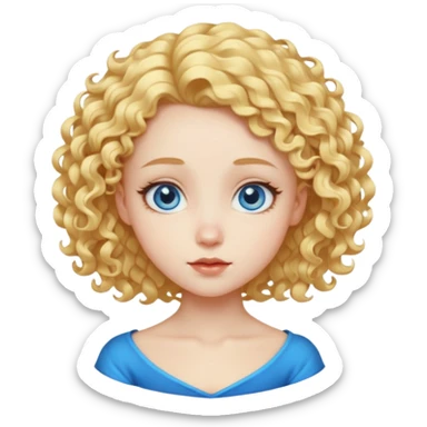 Cute fantasy character head with a large forehead, big bright blue eyes, and short, voluminous golden blond curly hair. Stylized, colorful, cartoon look focused on cuteness. sticker