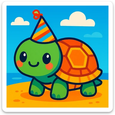 cute turtle on sand with a party hat, cartoon style, bright and colorful sticker