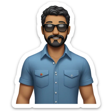  emoji of WHITE man, black hair. blue button up shirt, black glasses, beard and mustache. tattoo of rose on right arm and apple watch sticker