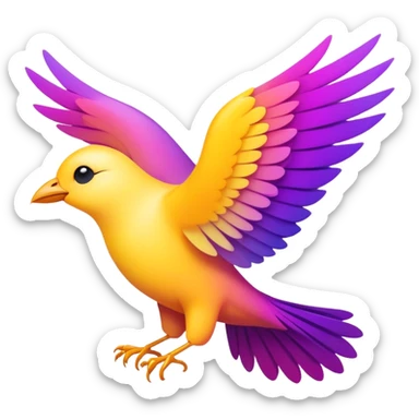 Create a minimalist, emoji-style icon of a bird in flight, symbolizing freedom, growth, and aspiration. The bird should have a sleek, modern design, with its wings slightly stylized to resemble a rising graph or digital wave, representing progress and AI. Use vibrant African-inspired colors like purple, yellow, for the bird, with a gradient effect to make it visually striking. The design should feel uplifting, dynamic, and scalable for a tech brand focused on education and upskilling sticker