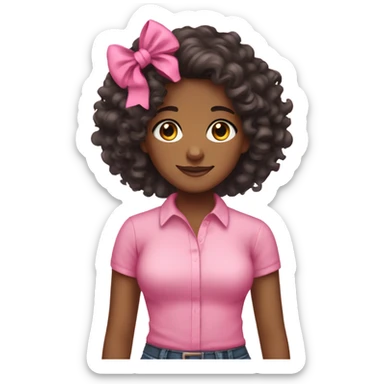 brownskin girl with curly black hair pink shirt and pink bow sticker