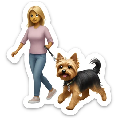Tiny yorkie dragging woman on leash sticker