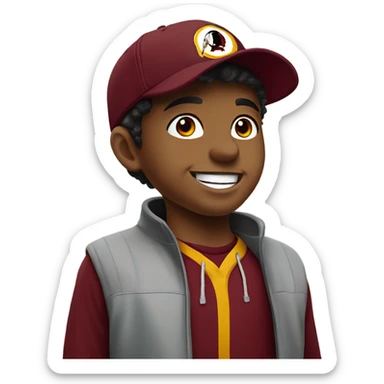 a little slimmer smiling boy by the window with a redskins hat sticker