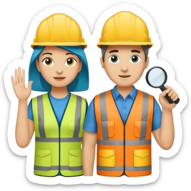 Um homem e uma mulher amarelos com capacete de obras ambos azul escuro e camisa social cinza com faixas refletivas verdes nos braços, Um deles deve estar segurando um megafone sticker