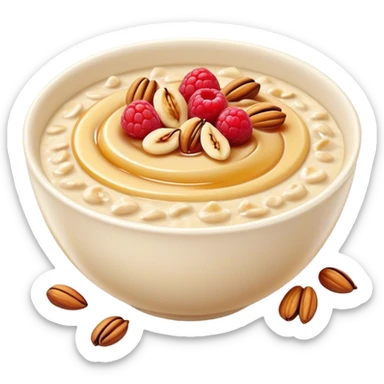 Cinematic creamy oatmeal, smooth texture with a swirl of honey on top, garnished with fresh berries and nuts, warm and comforting, cozy golden tones, rich and delicious. sticker