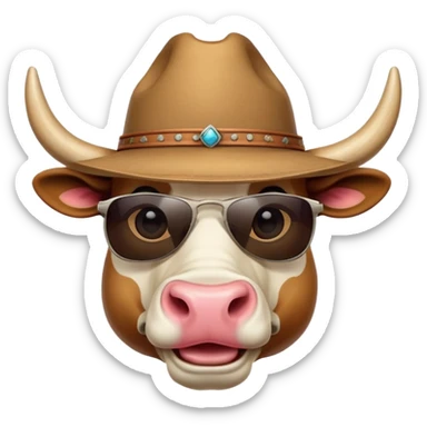 friendly anthropomorphised bull head wearing sunglasses and a cowboy hat sticker