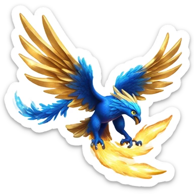 A molten gold phoenix with electric-blue wings, mid-flight, leaving a trail of fiery stardust and sparks. sticker