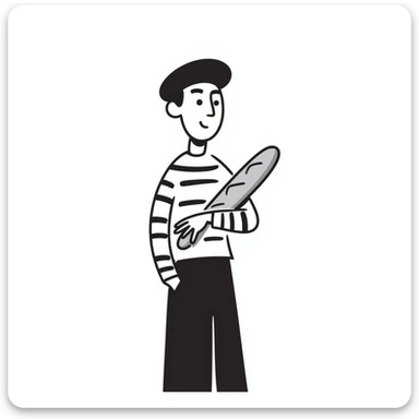 A Frenchman with a beret, holding a baguette under his elbow, wearing a black and white striped shirt, hand-drawn doodle style. sticker