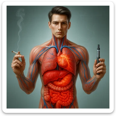 Medical illustration, hyperrealistic 4K, exactly matching the style of the provided reference image: realistic anatomical human body, inflamed liver and intestine highlighted, holding a lit normal cigarette in the right hand and an electronic cigarette in the left hand, clear background, extremely detailed, same lighting and style as reference. sticker