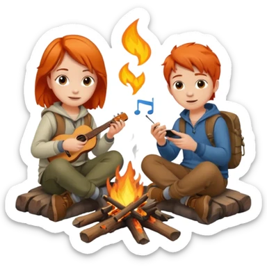 A boy with brown hair and a orange haired girl sitting at a campfire listening to music sticker