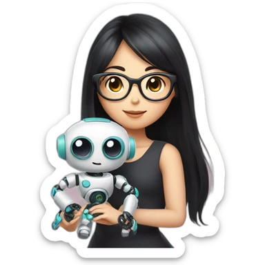 woman peach skin long black hair square glasses playing with cute robot companion sticker