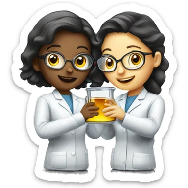  two scientists girls holding one clear glass chemistry sticker