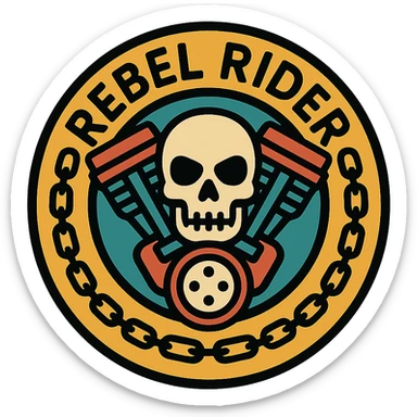 circular motorcycle cap design with the English phrase 'Rebel Rider', featuring motorcycle motifs like skull, motor, chain, rebellious style sticker